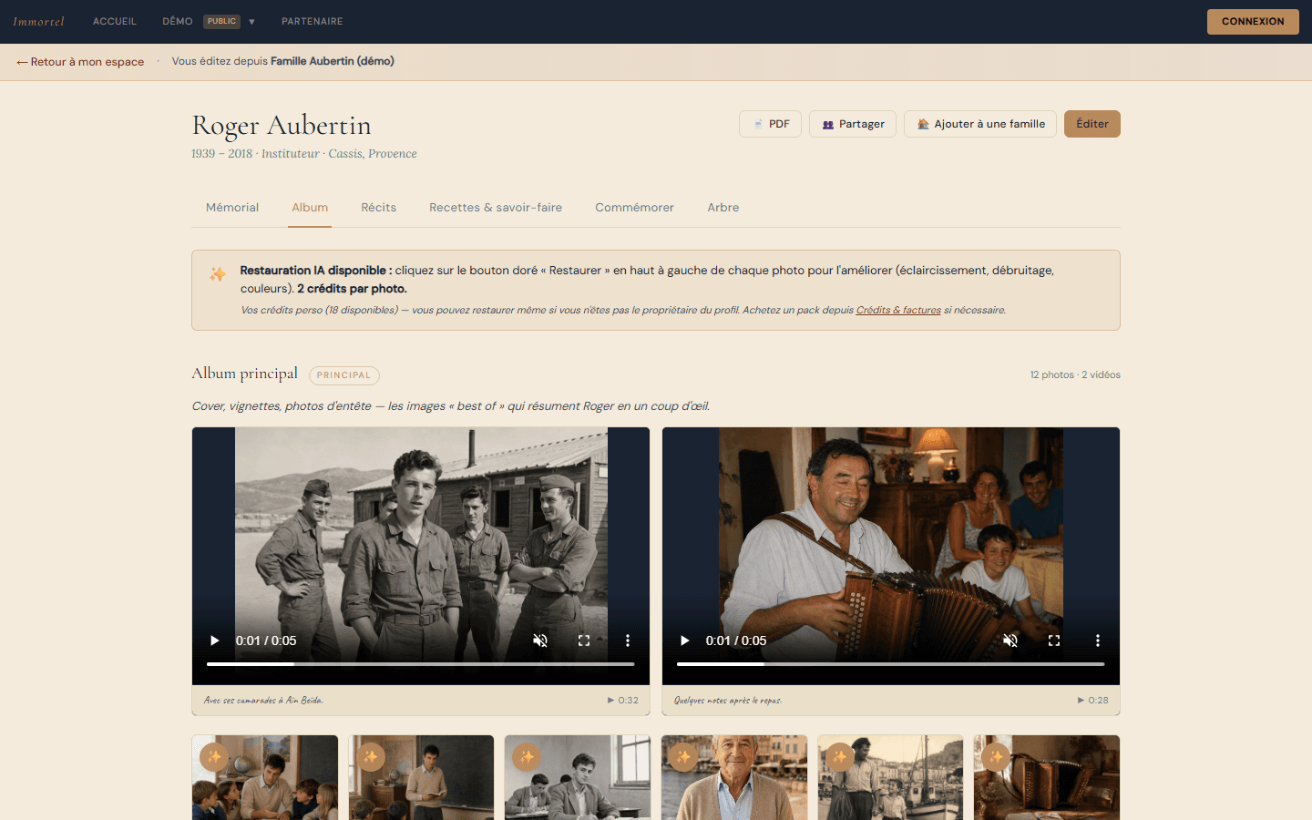 Album d'un profil affichant photos et vidéos lisibles en ligne